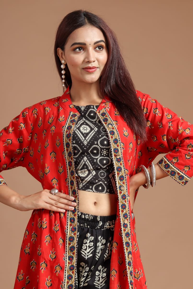 dgb Beautiful Pure Block Printed Crop Top with Palazzo & Shrug Set By My Handicraft India - Image 1