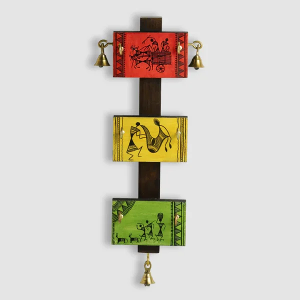 Warli Hand-Painted Key Holder in Teak & Pine Wood (6 Hooks) - Image 1