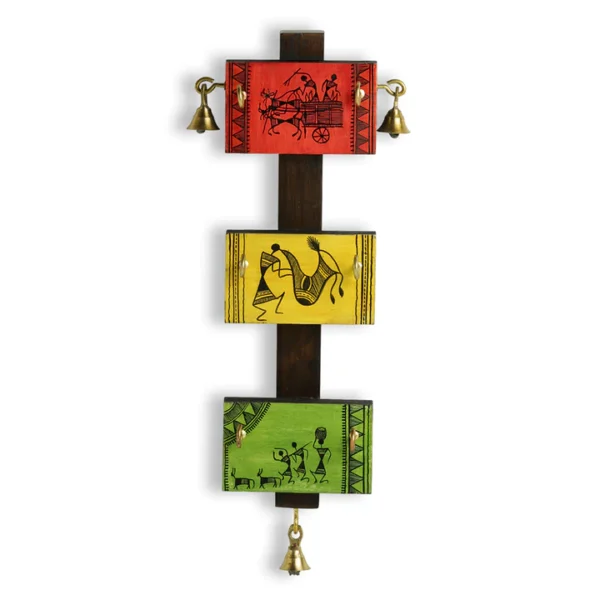 Warli Hand-Painted Key Holder in Teak & Pine Wood (6 Hooks) - Image 3