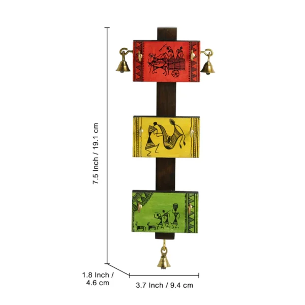 Warli Hand-Painted Key Holder in Teak & Pine Wood (6 Hooks) - Image 2