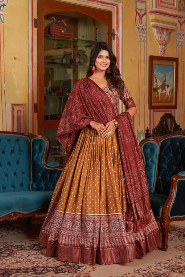 BANDHANI DESIGNER AJARAKH PRINTED LEHENGA CHOLI orange