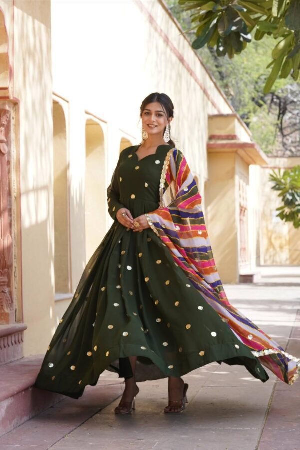 The Elegance of a Designer Faux Blooming Gown Adorned With Rich Sand Intricate Embroidered Work Stylish Gown With Dupatta Set - Image 5