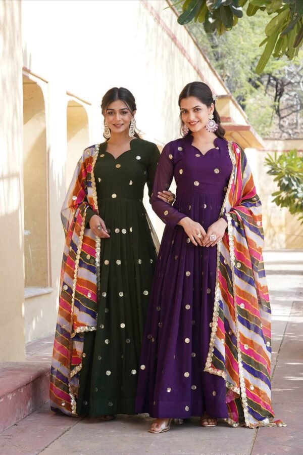 The Elegance of a Designer Faux Blooming Gown Adorned With Rich Sand Intricate Embroidered Work Stylish Gown With Dupatta Set - Image 2