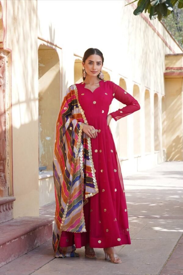 The Elegance of a Designer Faux Blooming Gown Adorned With Rich Sand Intricate Embroidered Work Stylish Gown With Dupatta Set - Image 1