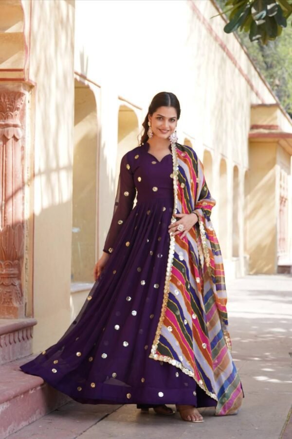 The Elegance of a Designer Faux Blooming Gown Adorned With Rich Sand Intricate Embroidered Work Stylish Gown With Dupatta Set - Image 6