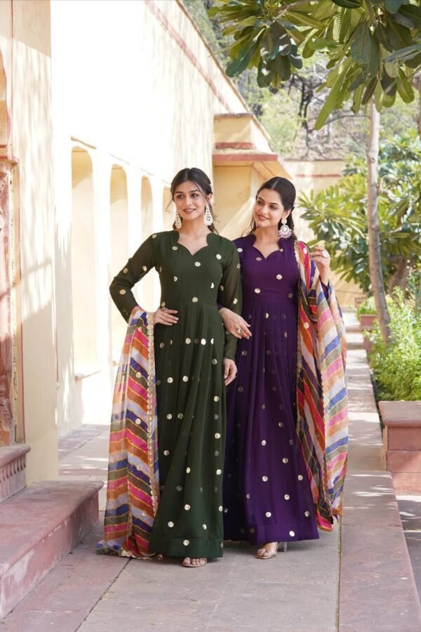 The Elegance of a Designer Faux Blooming Gown Adorned With Rich Sand Intricate Embroidered Work Stylish Gown With Dupatta Set - Image 3