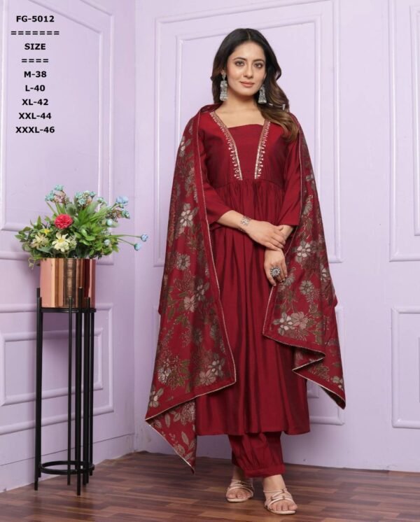 V Neck, Gher Kurti with Afghani Pants & Dupatta - Image 2
