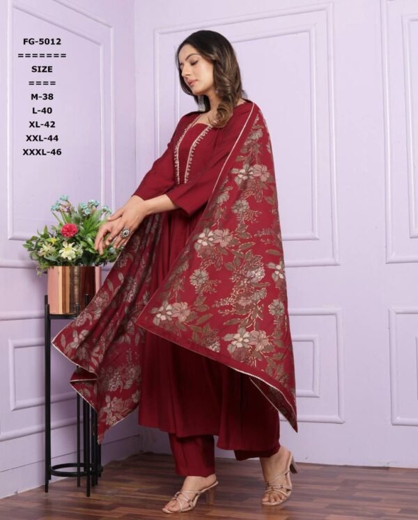V Neck, Gher Kurti with Afghani Pants & Dupatta - Image 4