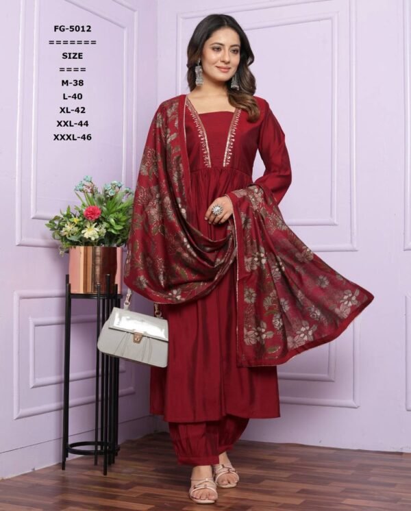 V Neck, Gher Kurti with Afghani Pants & Dupatta - Image 3