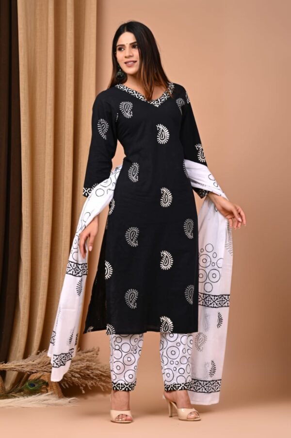Designer Pure Hand Block Printed Women's Stitched Cotton Suit with Cotton Dupatta & Pant - Image 4