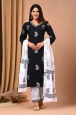 Designer Pure Hand Block Printed Women's Stitched Cotton Suit with Cotton Dupatta & Pant - Image 3