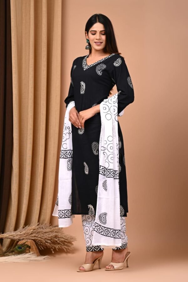 Designer Pure Hand Block Printed Women's Stitched Cotton Suit with Cotton Dupatta & Pant - Image 2