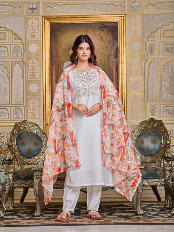 Women Chanderi Kurta with Pant and Digital Print with Heavy Embroidery Dupatta Set  - Image 6