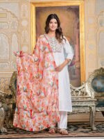 Women Chanderi Kurta with Pant and Digital Print with Heavy Embroidery Dupatta Set 