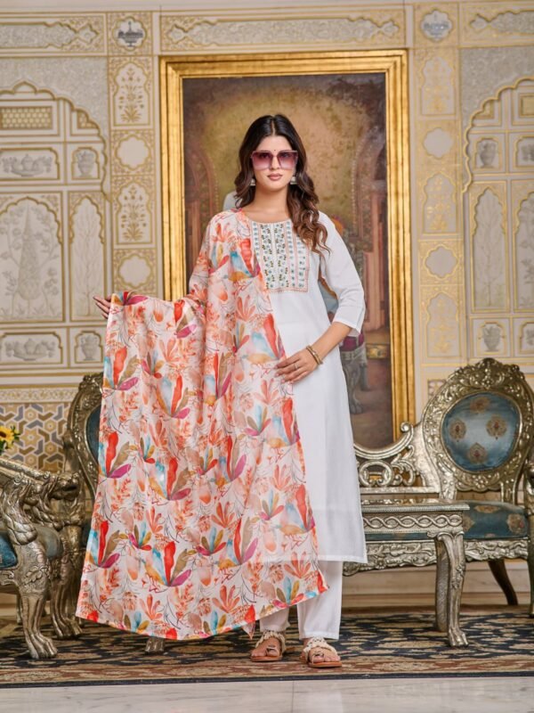 Women Chanderi Kurta with Pant and Digital Print with Heavy Embroidery Dupatta Set  - Image 3