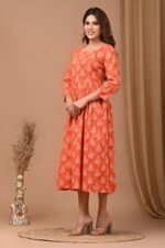 Designer Bagru Handblock Printed 3/4 sleeves Long One Piece Dress With Side Pocket - Image 5