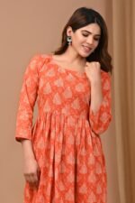 Designer Bagru Handblock Printed 3/4 sleeves Long One Piece Dress With Side Pocket