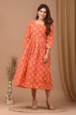Designer Bagru Handblock Printed 3/4 sleeves Long One Piece Dress With Side Pocket - Image 2
