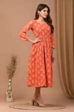 Designer Bagru Handblock Printed 3/4 sleeves Long One Piece Dress With Side Pocket - Image 3