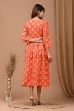 Designer Bagru Handblock Printed 3/4 sleeves Long One Piece Dress With Side Pocket - Image 4