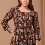 Designer Bagru Handblock Printed 3/4 sleeves Long One Piece Dress With Side Pocket
