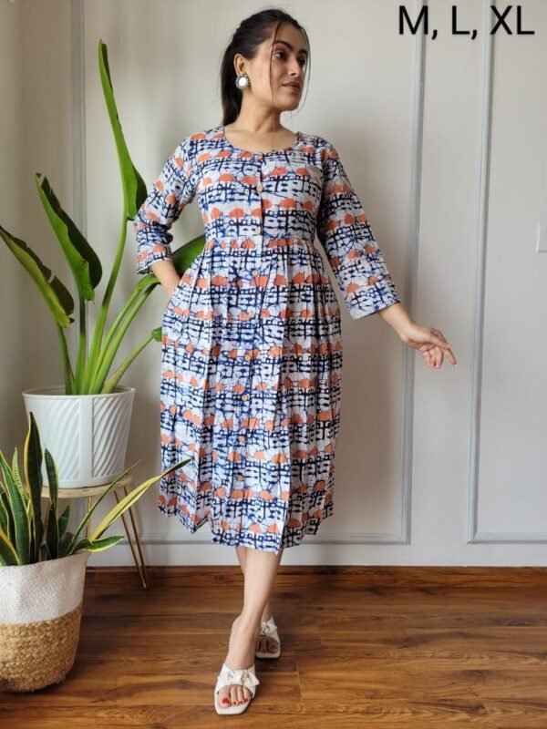 Designer Bagru Handblock Printed 3/4 sleeves Long One Piece Dress With Side Pocket - Image 1