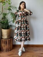 Designer Bagru Handblock Printed 3/4 sleeves Long One Piece Dress With Side Pocket