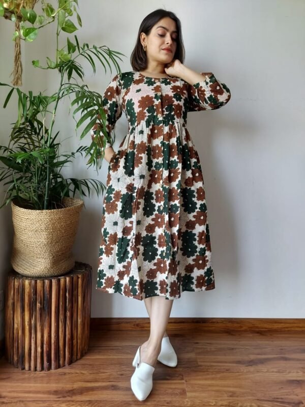 Designer Bagru Handblock Printed 3/4 sleeves Long One Piece Dress With Side Pocket - Image 1