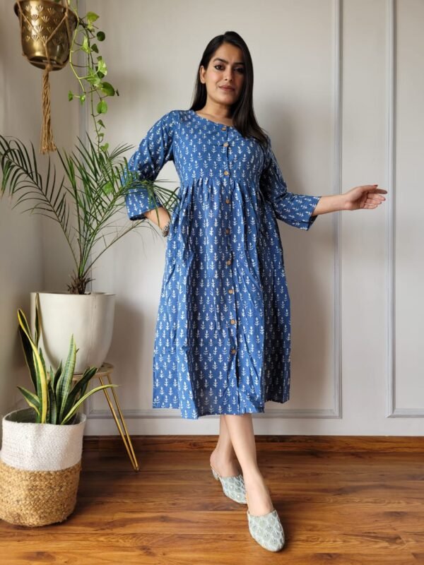 Designer Bagru Handblock Printed 3/4 sleeves Long One Piece Dress With Side Pocket - Image 1