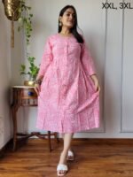 Designer Bagru Handblock Printed 3/4 sleeves Long One Piece Dress With Side Pocket