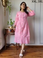 Designer Bagru Handblock Printed 3/4 sleeves Long One Piece Dress With Side Pocket - Image 2
