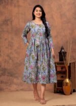 Designer Bagru Handblock Printed 3/4 sleeves Long One Piece Dress With Side Pocket - Image 3
