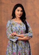 Designer Bagru Handblock Printed 3/4 sleeves Long One Piece Dress With Side Pocket
