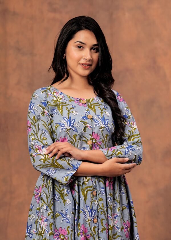 Designer Bagru Handblock Printed 3/4 sleeves Long One Piece Dress With Side Pocket - Image 1