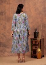 Designer Bagru Handblock Printed 3/4 sleeves Long One Piece Dress With Side Pocket - Image 4