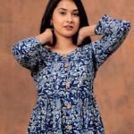 Designer Bagru Handblock Printed 3/4 sleeves Long One Piece Dress With Side Pocket