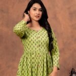 Designer Bagru Handblock Printed 3/4 sleeves Long One Piece Dress With Side Pocket