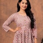 Designer Bagru Handblock Printed 3/4 sleeves Long One Piece Dress With Side Pocket