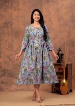 Designer Bagru Handblock Printed 3/4 sleeves Long One Piece Dress With Side Pocket - Image 2