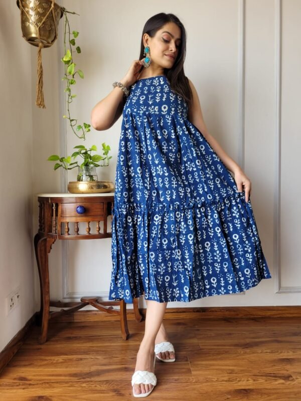 Designer Bagru Handblock Print Strappy Floral Midi Dress - Image 1