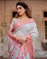 Pure Dola Silk Digitally Printed Saree with Golden Zari and Tassels - Image 6
