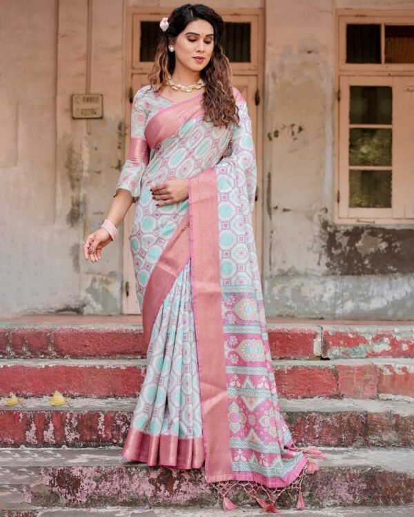 Pure Dola Silk Digitally Printed Saree with Golden Zari and Tassels - Image 7