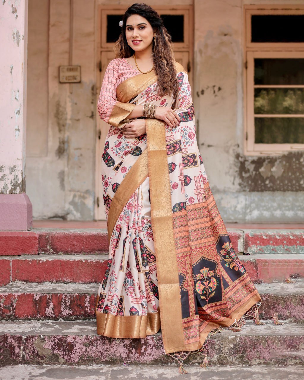 PURE SILK 1 (575) Pure Dola Silk Digitally Printed Saree with Golden Zari and Tassels - Image 1