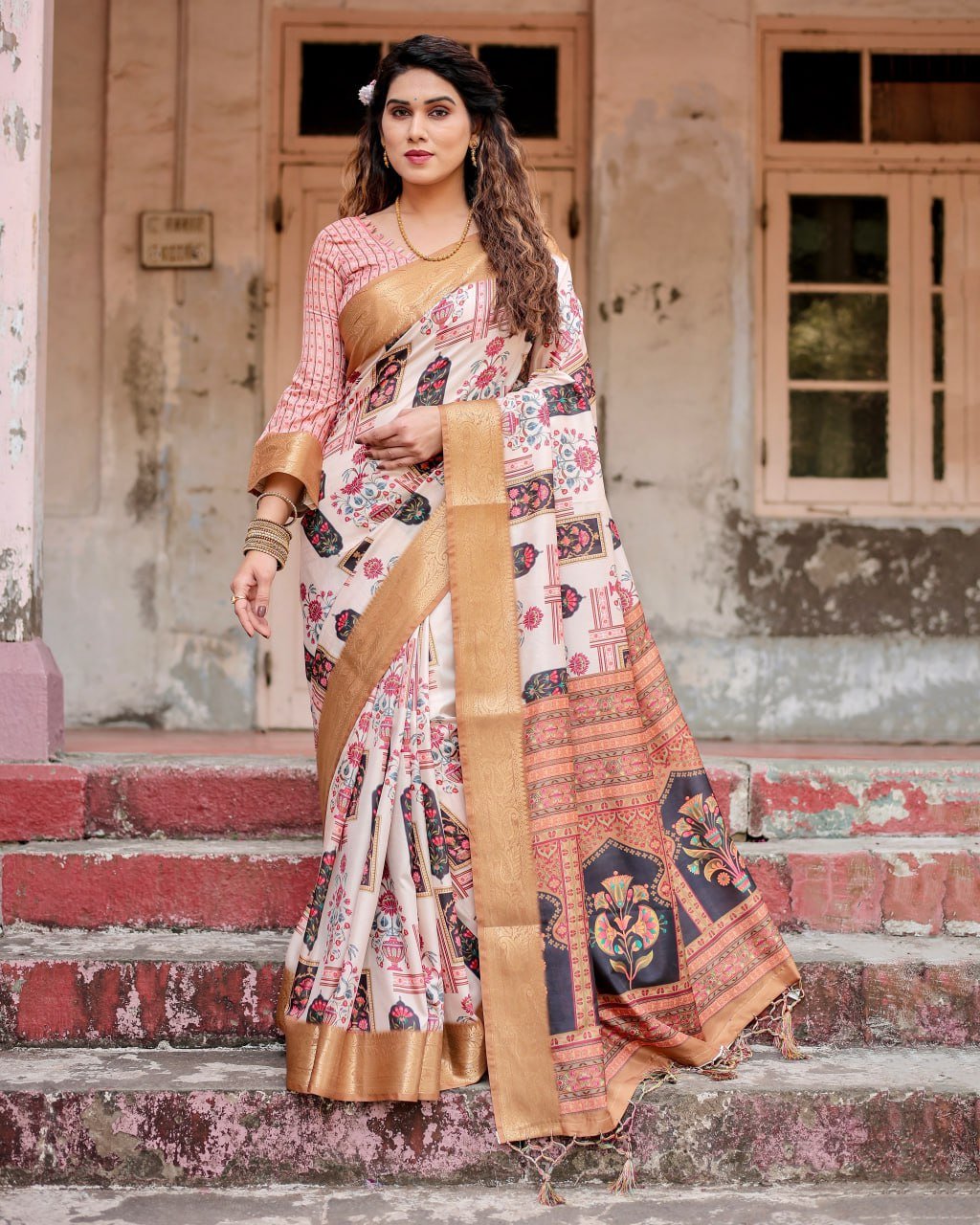PURE SILK 1 (576) Pure Dola Silk Digitally Printed Saree with Golden Zari and Tassels - Image 4