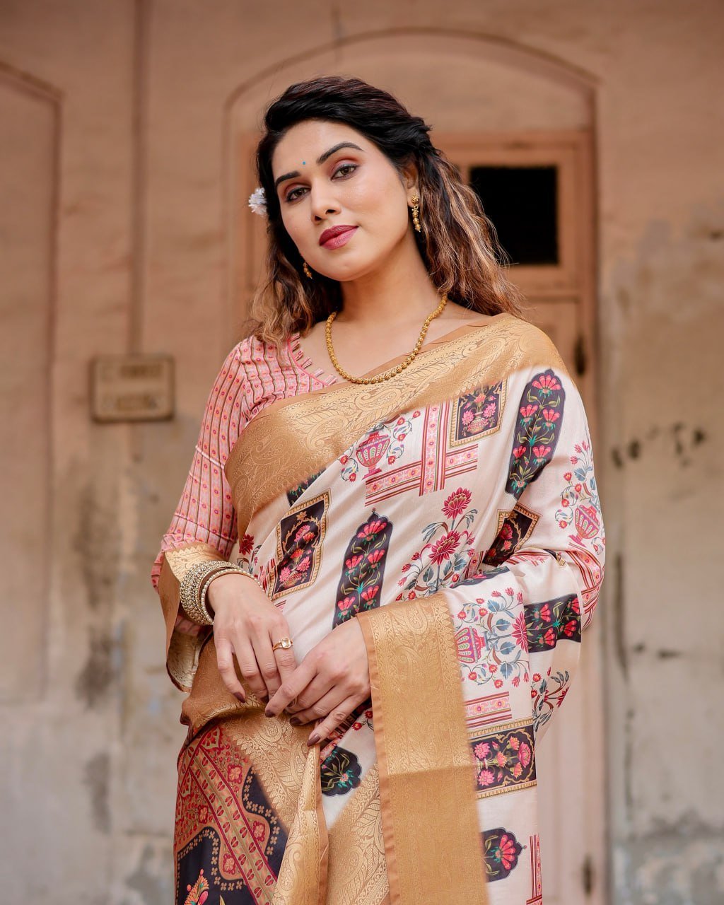 PURE SILK 1 (579) Pure Dola Silk Digitally Printed Saree with Golden Zari and Tassels - Image 6