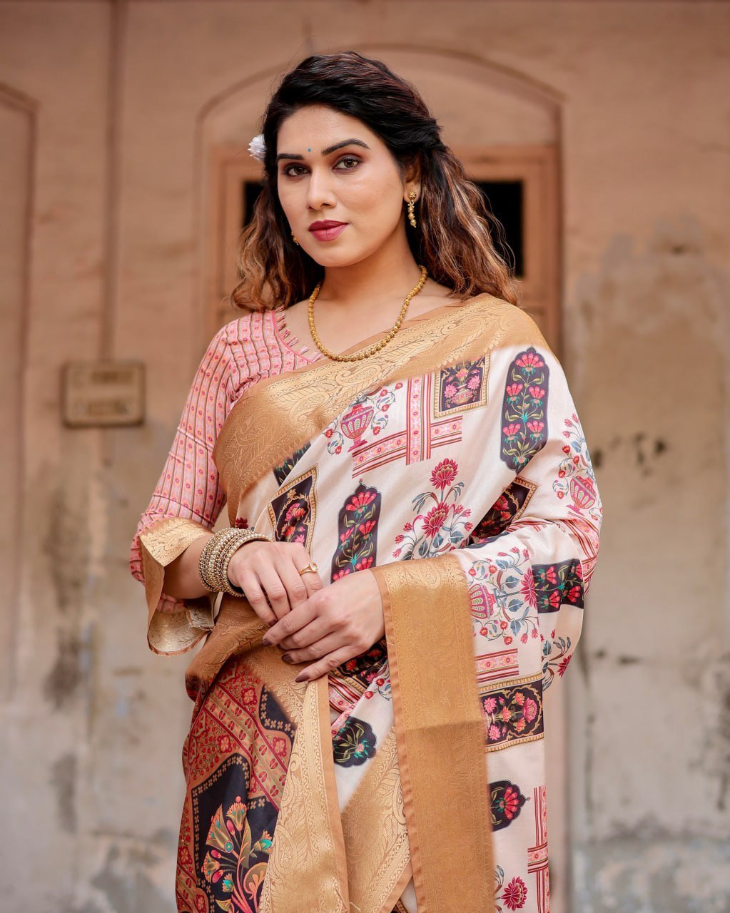 PURE SILK 1 (581) Pure Dola Silk Digitally Printed Saree with Golden Zari and Tassels - Image 8