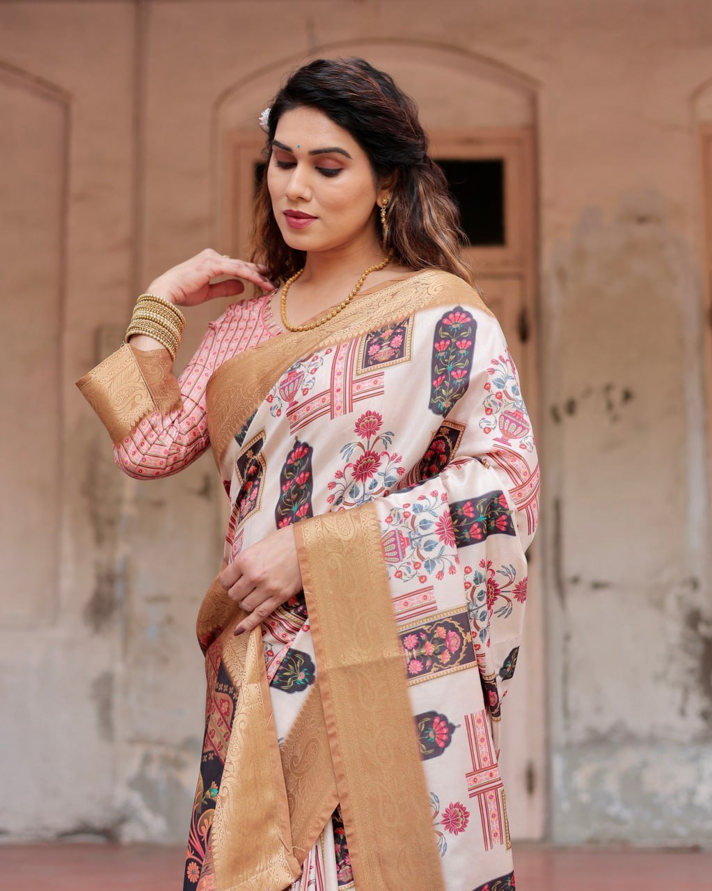 PURE SILK 1 (582) Pure Dola Silk Digitally Printed Saree with Golden Zari and Tassels - Image 9