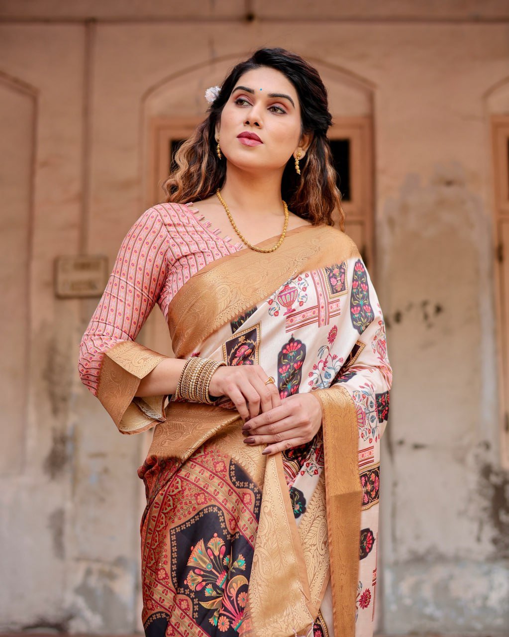 PURE SILK 1 (583) Pure Dola Silk Digitally Printed Saree with Golden Zari and Tassels - Image 10