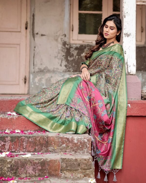 Pure Dola Silk Digitally Printed Saree with Golden Zari and Tassels - Image 6