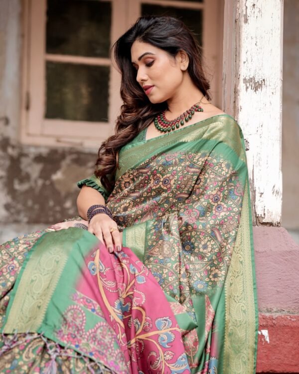 Pure Dola Silk Digitally Printed Saree with Golden Zari and Tassels - Image 4